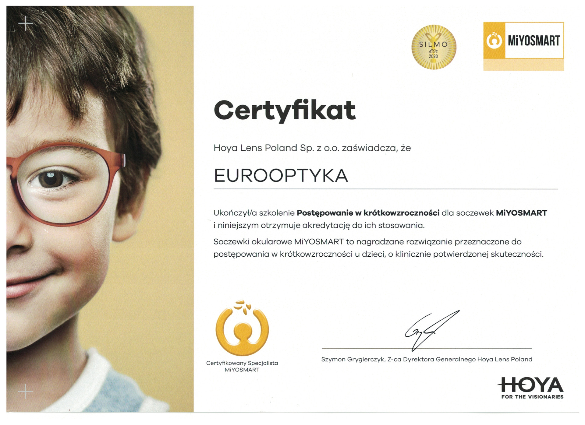 Certyfikat Hoya Lens MiYOSMART dla gabinetów Eurooptyka