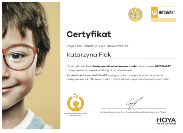 Certyfikat Hoya Lens MiYOSMART dla Katarzyny Flak z gabinetów Eurooptyka